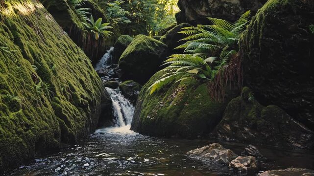 A hidden waterfall surrounded by large mossy boulders, with a gentle stream flowing through a secluded fern grotto.
