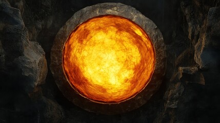 A glowing, circular portal resembling molten lava set within a rocky background.