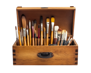 Organized wooden storage box filled with various art supplies and brushes, showcasing range of tools for creativity and artistic expression