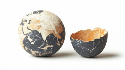 A globe and its broken shell, symbolizing the fragility of the Earth.