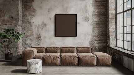 Modern Minimalist Living Room with Brown Upholstered Sofa