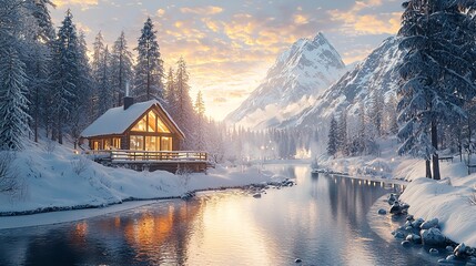 Fototapeta premium A Serene Winter Landscape Featuring a Bridge with Snow-Covered Surroundings