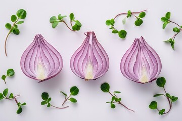 Vibrant red onion halves nestled among fresh green leaves on a bright white background