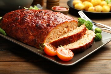 Delicious turkey meatloaf with vegetables served on wooden table, closeup