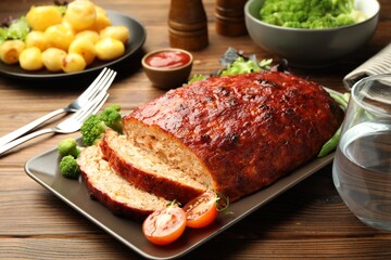 Delicious turkey meatloaf with vegetables on wooden table