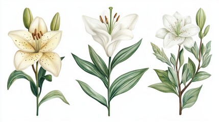 Elegant Floral Illustrations of White Lilies and Greenery Elements