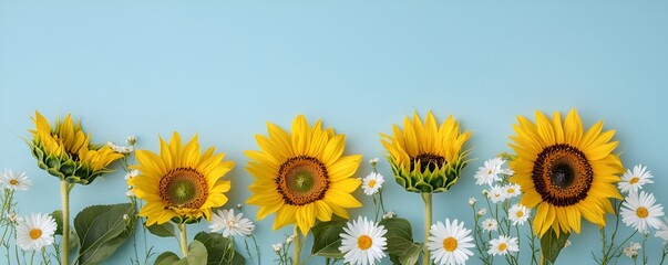 Bright yellow sunflowers and white daisies on a pale blue background, flat lay composition