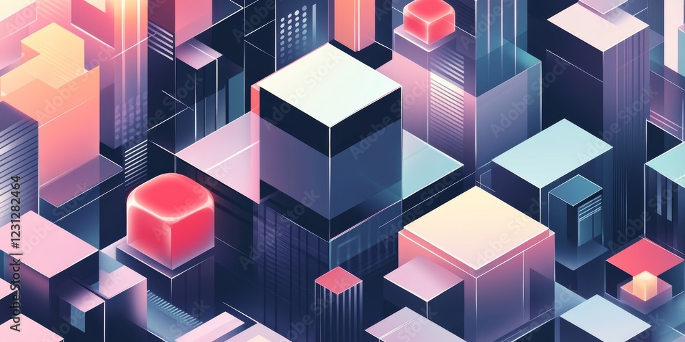 Poster a cityscape with many buildings and a red cube in the middle