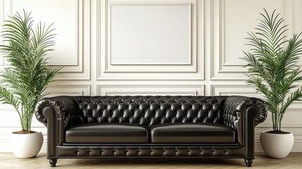 Elegant black leather Chesterfield sofa in stylish modern interior