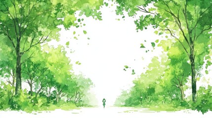 Obraz premium Peaceful Green Pathway with a Cyclist Surrounded by Lush Foliage