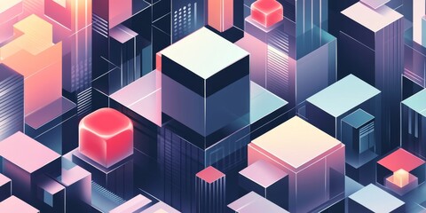 A cityscape with many buildings and a red cube in the middle