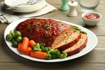 Delicious baked turkey meatloaf with vegetables served on wooden table, closeup