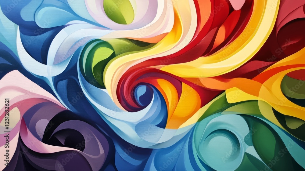 Poster a vibrant abstract design featuring swirling patterns and dynamic shapes in a spectrum of colors, pe