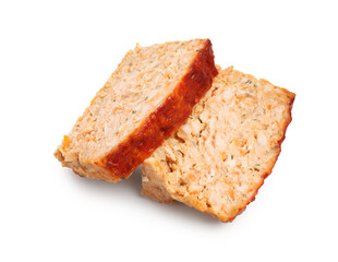 Slices of delicious baked turkey meatloaf isolated on white