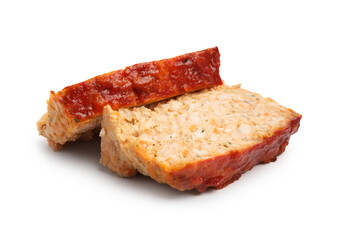 Slices of delicious baked turkey meatloaf isolated on white