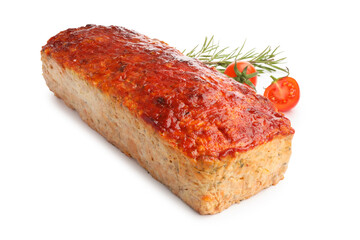 Delicious baked turkey meatloaf, cherry tomatoes and rosemary isolated on white