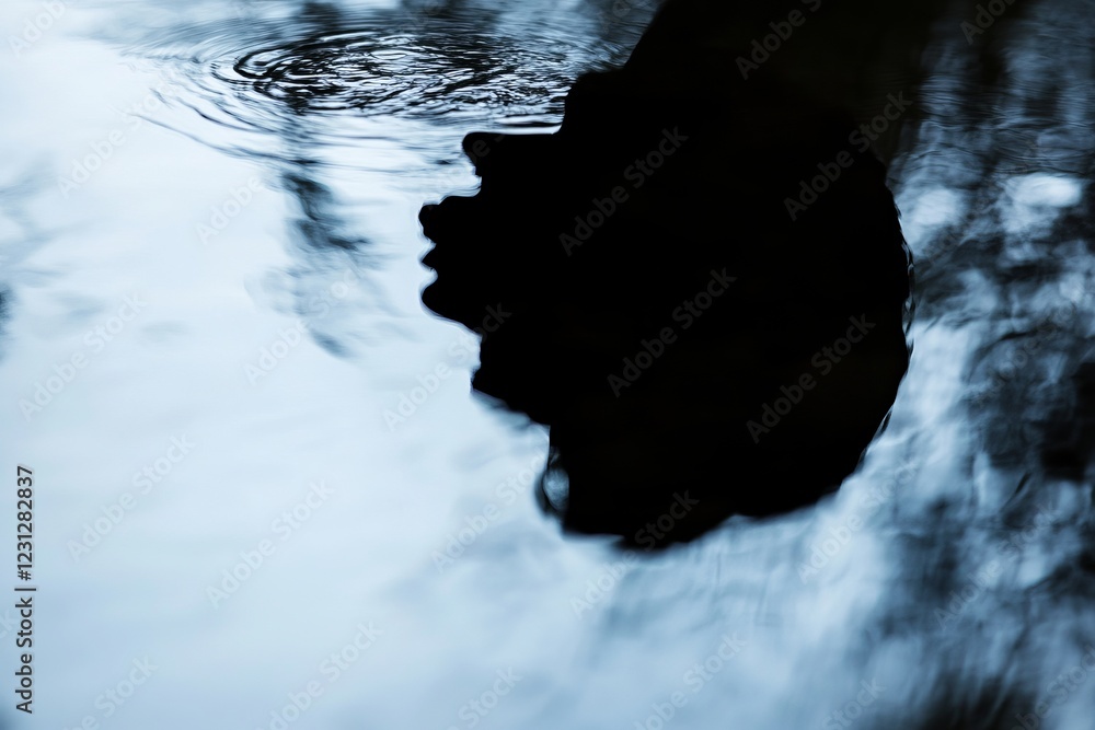 Poster abstract silhouette of a person reflected in rippling water, creating a mysterious and artistic visu