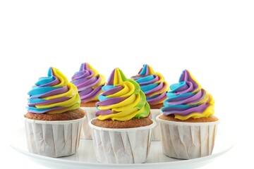Tasty cupcakes with colorful cream on white background