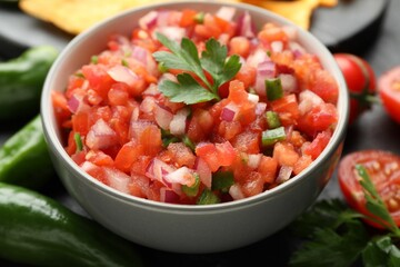 Delicious salsa in bowl and ingredients on grey table, closeup