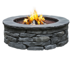 fire pit with stone surround, perfect for garden gatherings, providing warmth and ambiance for outdoor spaces. Enjoy cozy evenings around flames