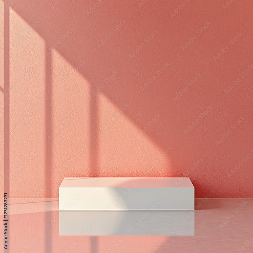 Poster minimalist product display on glossy surface with soft peach background and gentle lighting