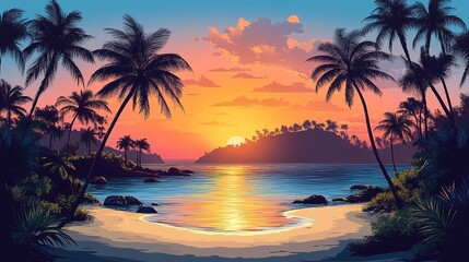 Tropical Sunset Beach Scene With Palm Trees