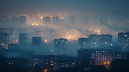 Fototapeta premium Urban Cityscape at Night with Fog and Distant City Lights