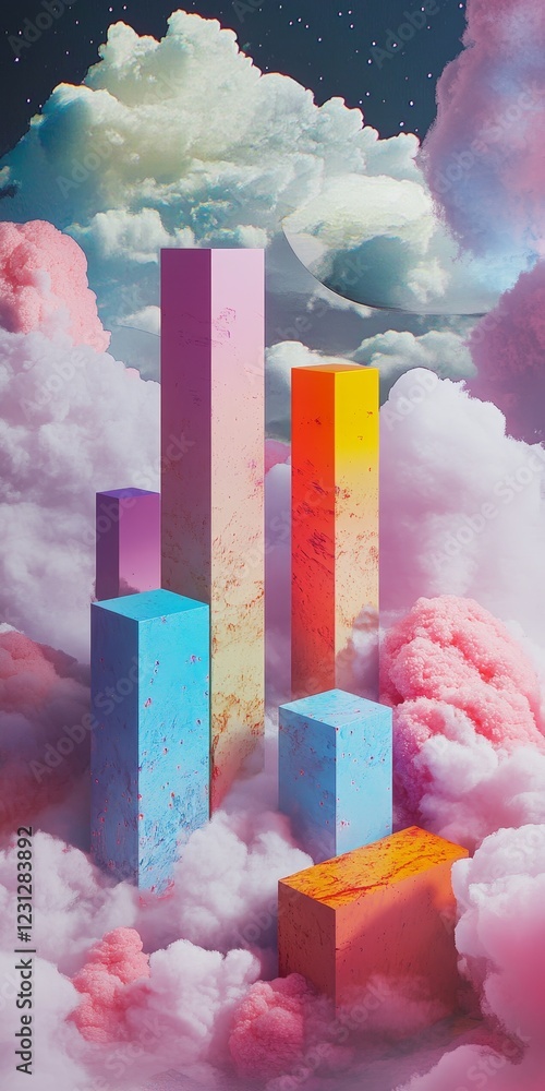 Poster a stunning visual of colorful geometric shapes emerging from soft pastel clouds, creating a dreamlik