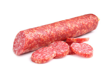 Delicious dry cured sausage isolated on white