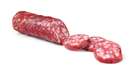 Delicious dry cured sausage isolated on white