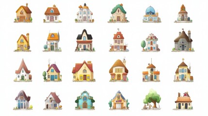 Obraz premium A vibrant collection of colorful cartoon houses, perfect for art projects, illustrations, and design inspirations. Ideal for children's themes and creative works.