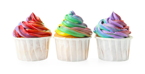 Delicious cupcakes with colorful cream isolated on white