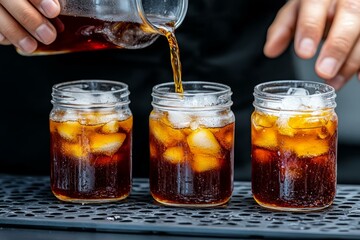 Person pouring a beverage into a clear glass on a wooden table in a bright setting