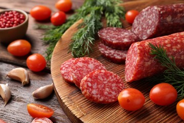Different smoked sausages, cherry tomatoes and spices on wooden table, closeup