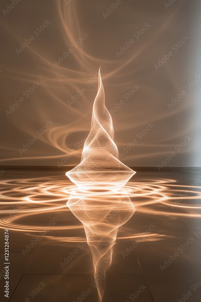 Poster a captivating abstract light sculpture casting swirling patterns and reflections on a minimalist gal