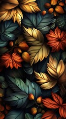 Ornate Layered Autumn Leaf Pattern With Jewel Toned Hues and Sophisticated Baroque Elegance