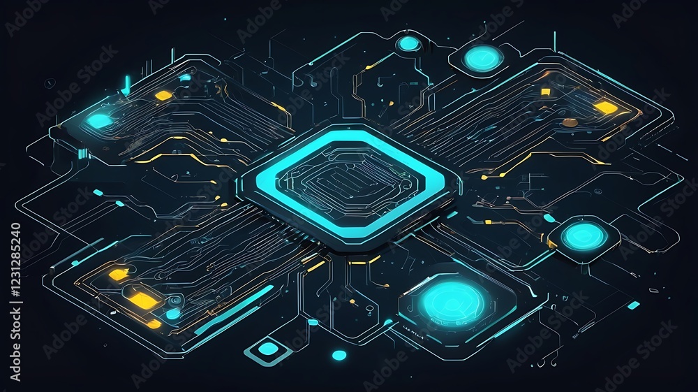 Poster futuristic technology concept vector, glowing circuits and ai interface, high-tech design