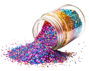 jar of colorful glitter spills out, creating vibrant and sparkling display. mix of hues adds fun and festive touch to any craft project or celebration