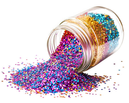 jar of colorful glitter spills out, creating vibrant and sparkling display. mix of hues adds fun and festive touch to any craft project or celebration