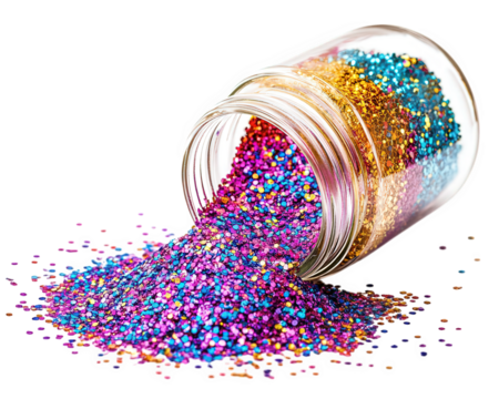 jar of colorful glitter spills out, creating vibrant and sparkling display. mix of hues adds fun and festive touch to any craft project or celebration