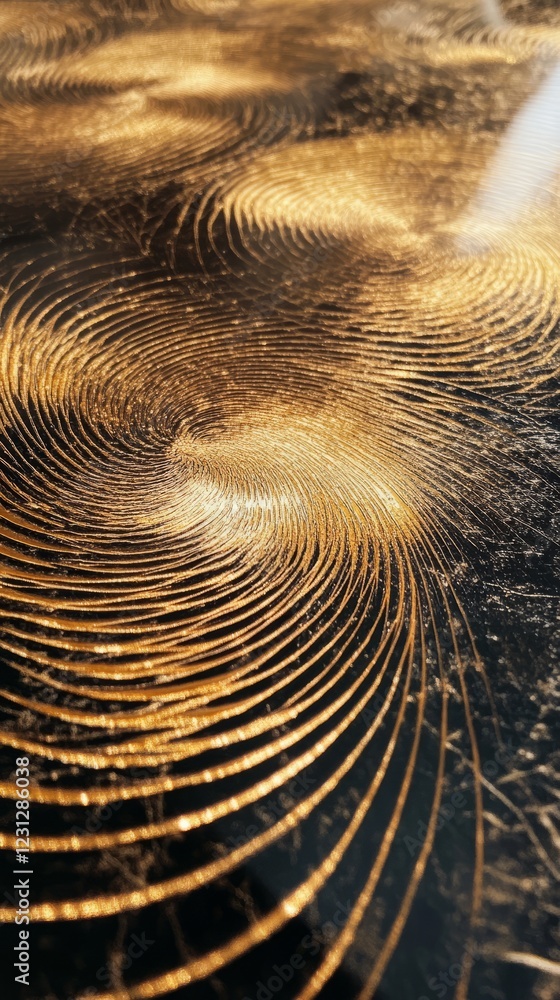 Poster close-up of golden swirls on a dark surface, showcasing intricate patterns and textures for artistic