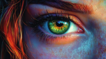 Fototapeta premium A close-up of an eye with green irises and colorful eyelashes, 