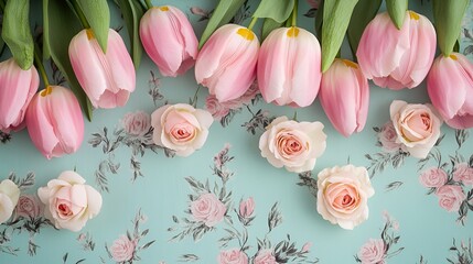 Pink tulips and pastel roses flat lay floral wallpaper for Mother's Day, feminine theme