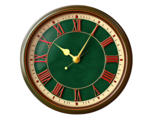 Vintage wall clock with Roman numerals and green background, showcasing elegant design and classic style. Perfect for adding timeless touch to any room