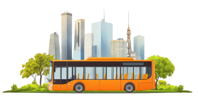 Orange bus parked with urban skyline in the background