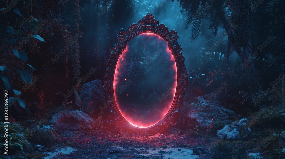 Poster exploring the enchanting reflection of an ethereal mirror in a mystical forest
