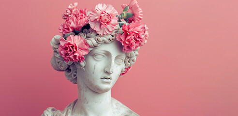Antique bust of woman with carnations bouquet