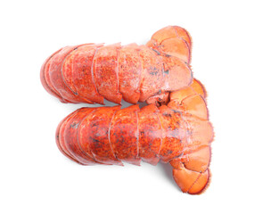 Tails of boiled lobsters isolated on white, top view