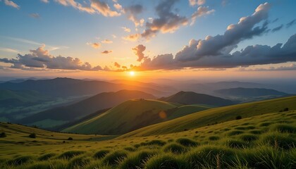 Fototapeta premium Majestic Sunset Over Rolling Green Hills and Mountains, Dramatic Sky with Clouds, Breathtaking Nature Landscape Photography