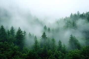 A dense fog enveloping a forest, with only the tops of trees visible, creating a mysterious and ethereal atmosphere.